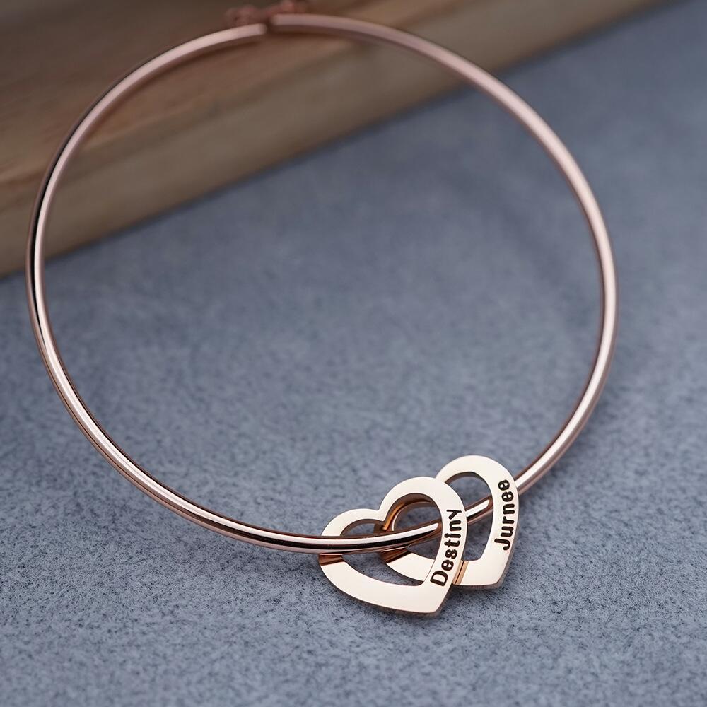 Stainless Steel Bangle Letter Personalized Bracelets with Hearts Customized Engraved Names Bracelets